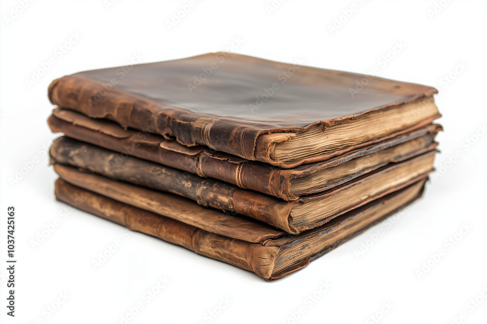 Stack of old books in leather bindings isolated on a white background. Stack of old books in leather bindings isolated on a white background.