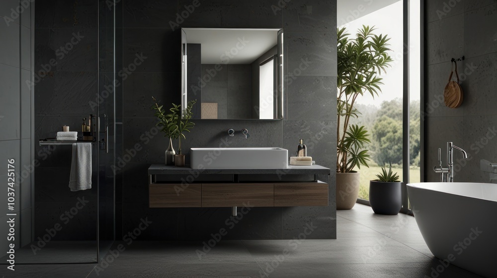 a modern bathroom with a grey color palette. The walls and floor are clad in sleek gray tiles, creating a sophisticated and minimalist aesthetic. a modern bathroom with a grey color palette. The walls and floor are clad in sleek gray tiles, creating a sophisticated and minimalist aesthetic.