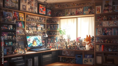 Anime Figures and Collectibles on Bookshelves in a Home Office