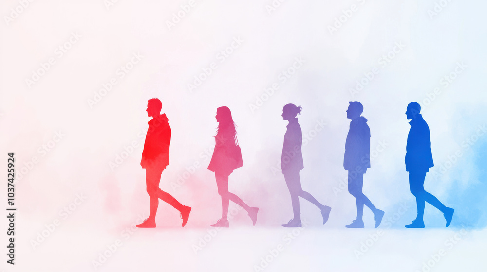 Obraz premium image depicts series of human silhouettes growing larger and transitioning in color from red to blue, symbolizing growth and change
