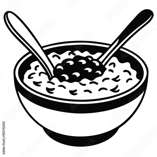 Oatmeal porridge in a white bowl with a spoon. Vector cartoon flat illustration of healthy food.