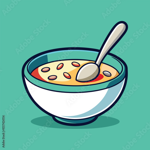 Oatmeal porridge in a white bowl with a spoon. Vector cartoon flat illustration of healthy food.