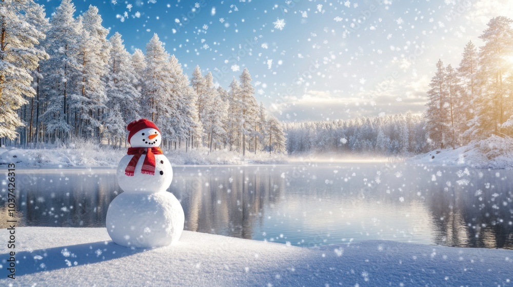 Fototapeta premium Snowman by the Frozen Lake
