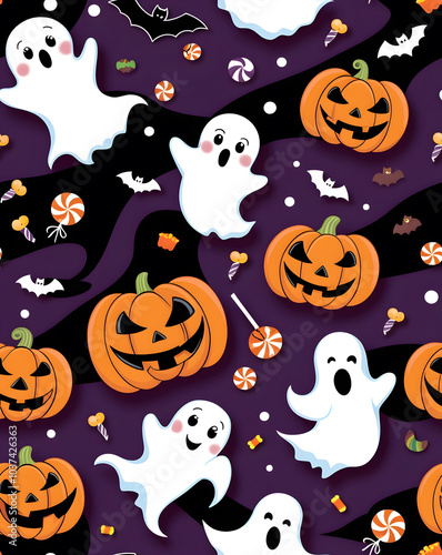 Playful ghosts and smiling pumpkins celebrating Halloween surrounded by candy on a dark purple background