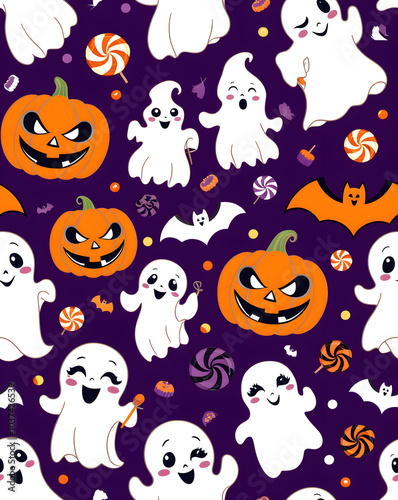 Whimsical Halloween patterns with playful ghosts, cheerful pumpkins, and delightful candy on a vibrant purple background