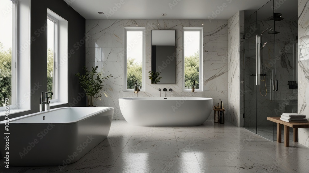 A modern and luxurious bathroom with a stunning white bathtub as its centerpiece. The walls are decorated with elegant marble tiles. The bathroom is flooded with natural light. A modern and luxurious bathroom with a stunning white bathtub as its centerpiece. The walls are decorated with elegant marble tiles. The bathroom is flooded with natural light.