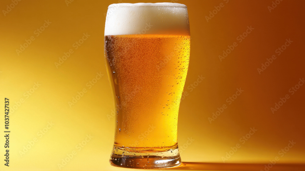 refreshing glass of beer with frothy head, showcasing its golden color and bubbles against warm yellow background. Perfect for relaxation and enjoyment refreshing glass of beer with frothy head, showcasing its golden color and bubbles against warm yellow background. Perfect for relaxation and enjoyment