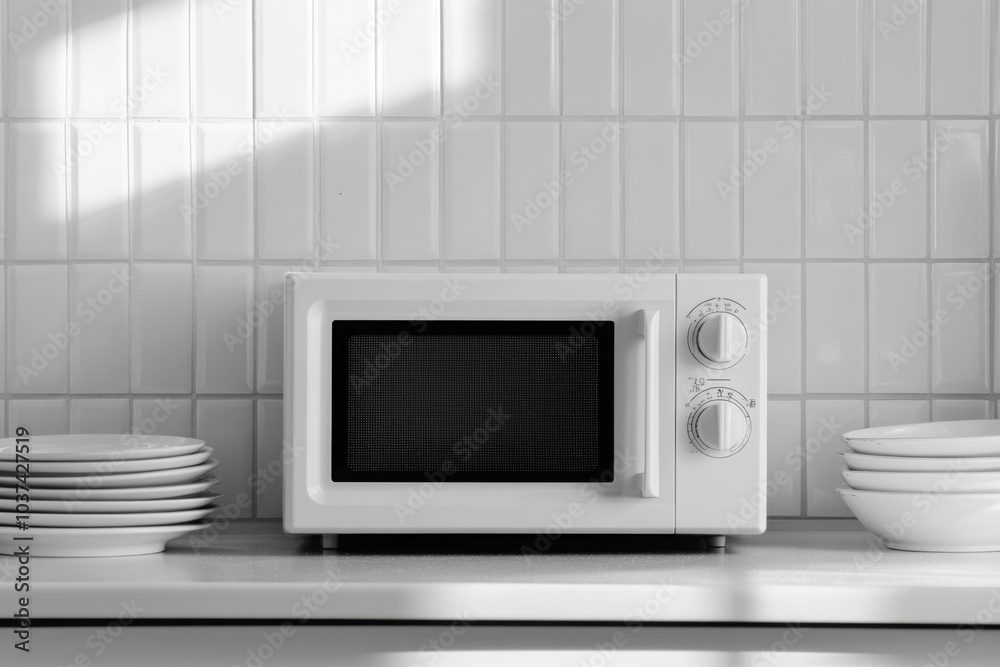 White Microwave on a Kitchen Countertop with Plates White Microwave on a Kitchen Countertop with Plates