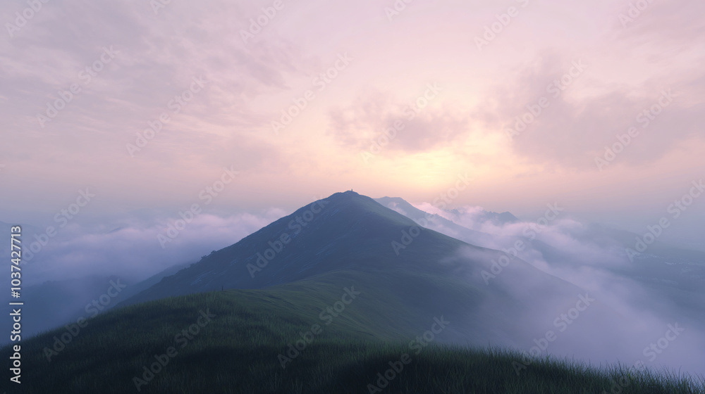 A misty hill at dawn, surrounded by soft clouds and tranquility.