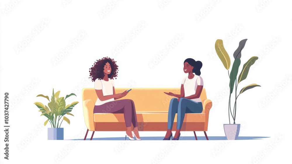 Therapy, happy women have a conversation on sofa and speaking or talking with a psychologist. Mental health or communication, support or consulting and people on couch have a discussion together Therapy, happy women have a conversation on sofa and speaking or talking with a psychologist. Mental health or communication, support or consulting and people on couch have a discussion together