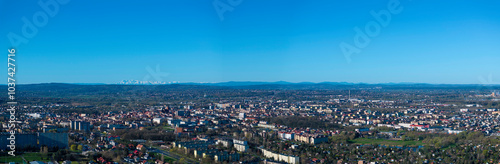 Panorama from above of Tarnów at the foothill of the Tatra Mountains covered in snow