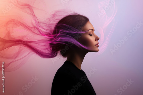 serene woman with flowing hair is surrounded by vibrant, swirling energy, creating captivating visual effect. colors blend beautifully, evoking sense of tranquility and creativity