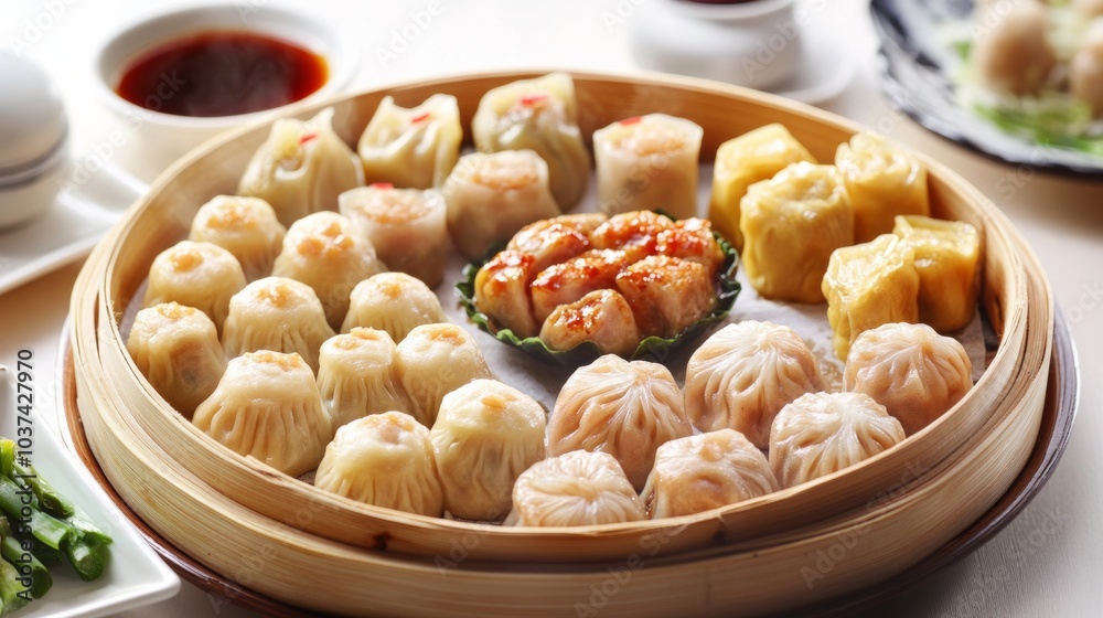 A mouthwatering platter of assorted dim sum delicacies, including dumplings, buns A mouthwatering platter of assorted dim sum delicacies, including dumplings, buns