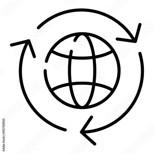 Planet Earth and reuse, recycle or renew icon. Black linear sign, editable stroke. Concept of ecology, sustainability, reduce. Vector illustration, eco symbol for web design, print, logo, label