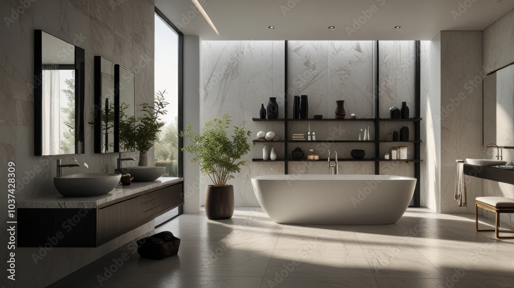 A modern and luxurious bathroom with a stunning white bathtub as its centerpiece. The walls are decorated with elegant marble tiles. The bathroom is flooded with natural light. A modern and luxurious bathroom with a stunning white bathtub as its centerpiece. The walls are decorated with elegant marble tiles. The bathroom is flooded with natural light.