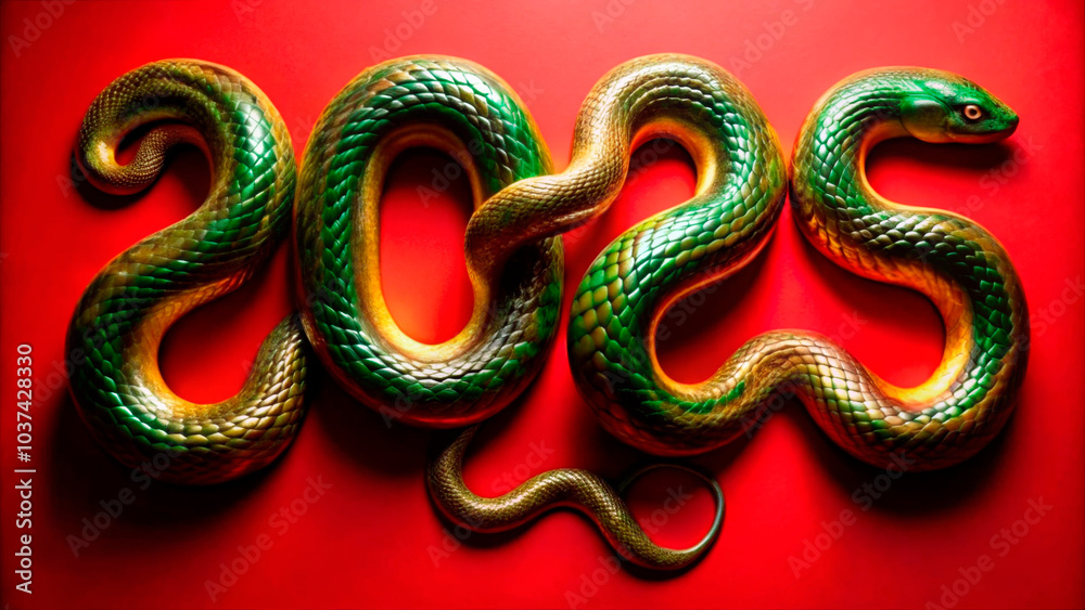 Striking 2025 New Year display formed by green snakes on a vibrant red background, ideal for Asian New Year celebrations and bold marketing visuals Striking 2025 New Year display formed by green snakes on a vibrant red background, ideal for Asian New Year celebrations and bold marketing visuals