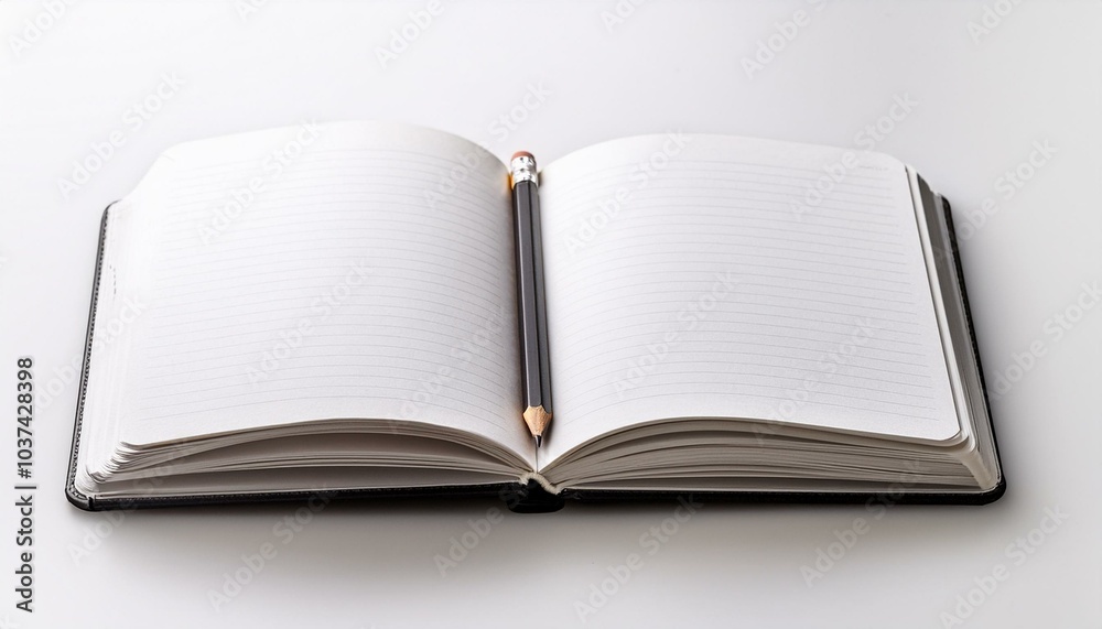 An open notebook with a pencil isolated on a white background An open notebook with a pencil isolated on a white background
