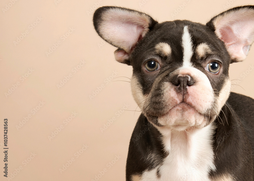 close up of Black and white french bulldog puppy