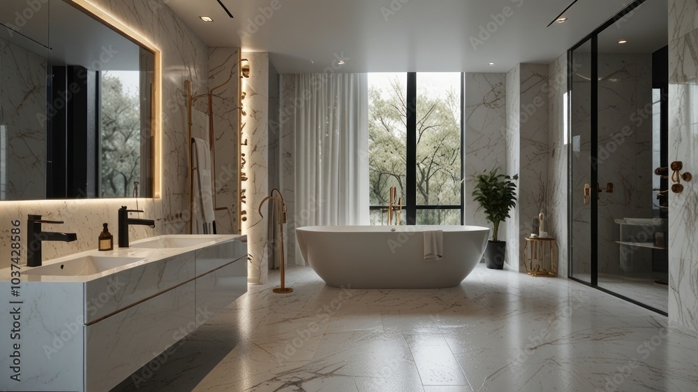 Fototapeta premium A modern and luxurious bathroom with a stunning white bathtub as its centerpiece. The walls are decorated with elegant marble tiles. The bathroom is flooded with natural light.