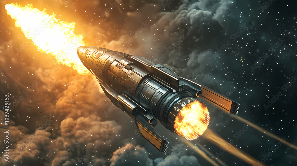 Selective focus launch spaceship to the atmosphere, rocket ship with turbo engine, missile with fire exhaust. Starship Launch. Illustration Selective focus launch spaceship to the atmosphere, rocket ship with turbo engine, missile with fire exhaust. Starship Launch. Illustration