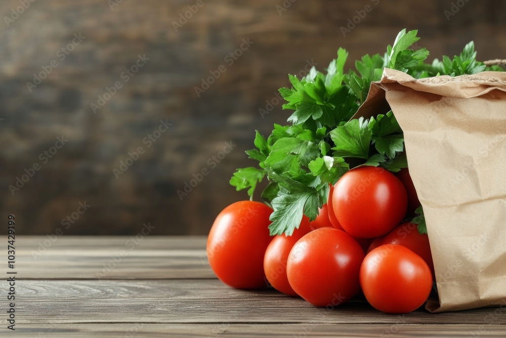 Fresh Red Tomatoes and Parsley in a Paper Bag on a Rustic Wooden Table Fresh Red Tomatoes and Parsley in a Paper Bag on a Rustic Wooden Table