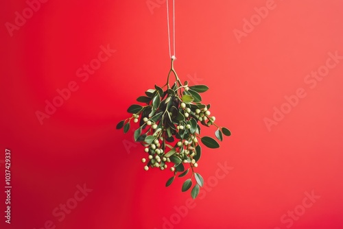 A sprig of mistletoe with white berries hanging from a string against a red background photo