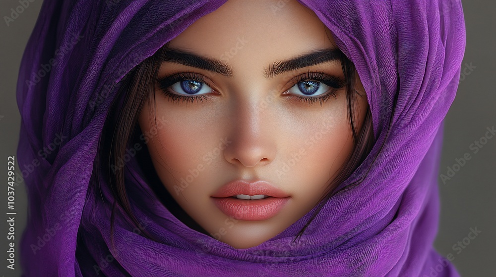 A close-up portrait of a person with striking blue eyes, wearing a purple headscarf. A close-up portrait of a person with striking blue eyes, wearing a purple headscarf.