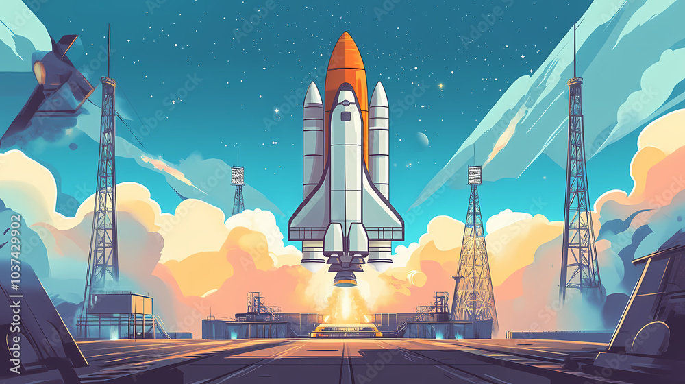 Naklejka premium Space rocket on the launch pad. Starship Launch. Illustration