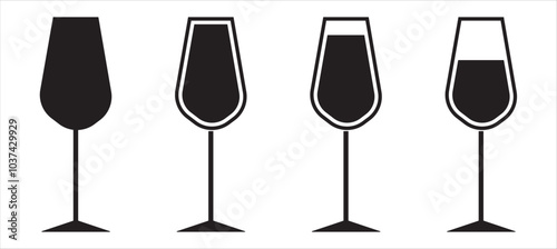Wine glasses icons set simple symbol of bar, restaurant. isolated on transparent background. Various wine glass flat or line vector black silhouette collection for mobile concept and web design.