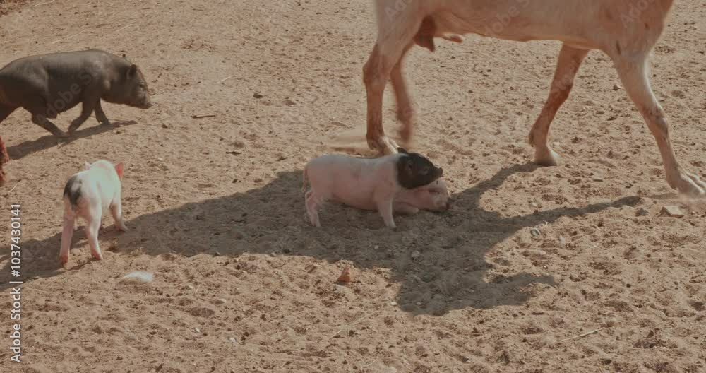 Cute piglets run and play happily on a sunny farm, showing their playful nature. The scene conveys the essence of rural life. Funny piglets have fun in the barnyard. Cute piglets run and play happily on a sunny farm, showing their playful nature. The scene conveys the essence of rural life. Funny piglets have fun in the barnyard.
