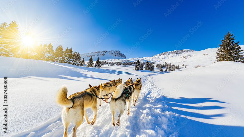 Husky dogs pulling a sled through a snowy winter landscape Husky dogs pulling a sled through a snowy winter landscape