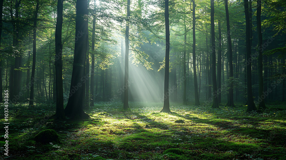 Naklejka premium A misty forest scene at dawn, with shadows playing on the ground and the light beginning to break.