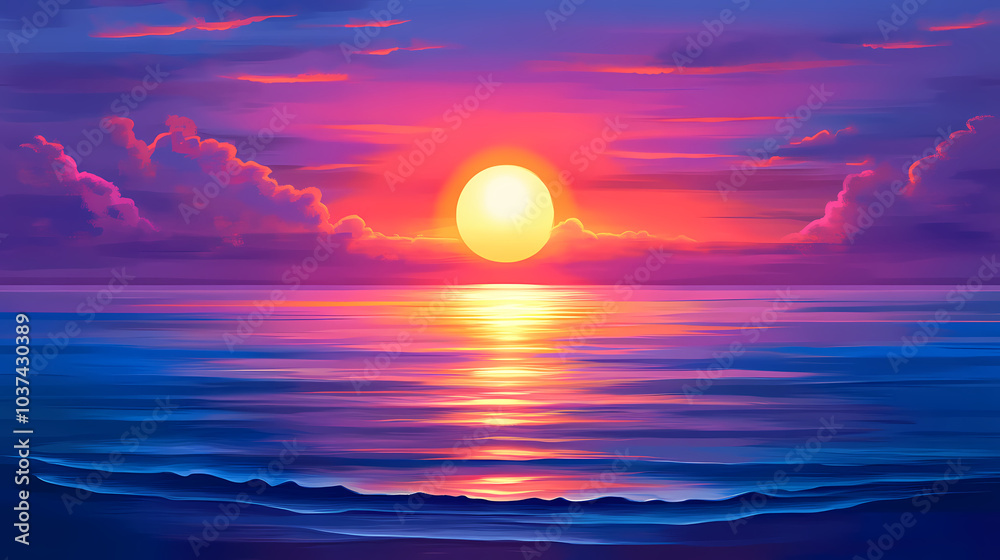 Stunning sunset over the ocean with vibrant colors and a calm sea reflecting the beautiful skies. serene and tranquil natural scenery. Sunset Over Horizon. Illustration Stunning sunset over the ocean with vibrant colors and a calm sea reflecting the beautiful skies. serene and tranquil natural scenery. Sunset Over Horizon. Illustration