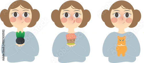 set of cartoon girls, hobbies, interesting in cooking, love animals, plants, ecology