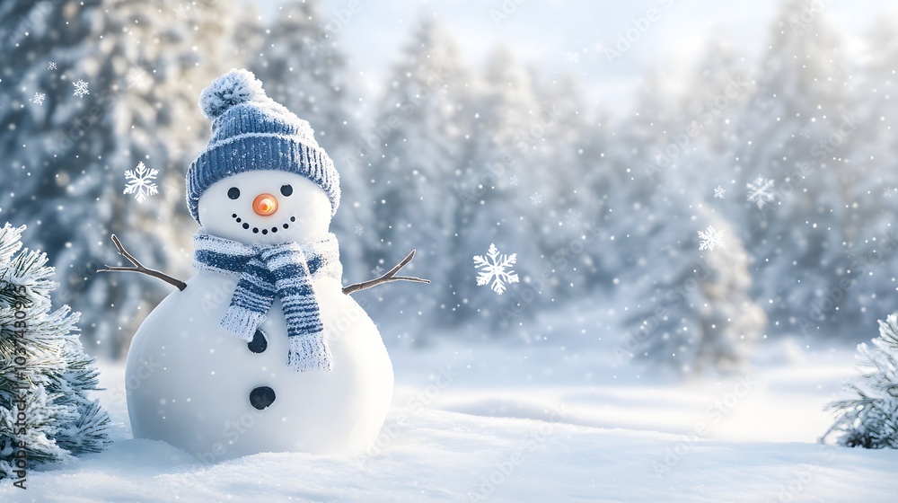 Fototapeta premium A Cheerful Snowman Wearing a Blue Knit Hat and Scarf in a Snowy Winter Forest