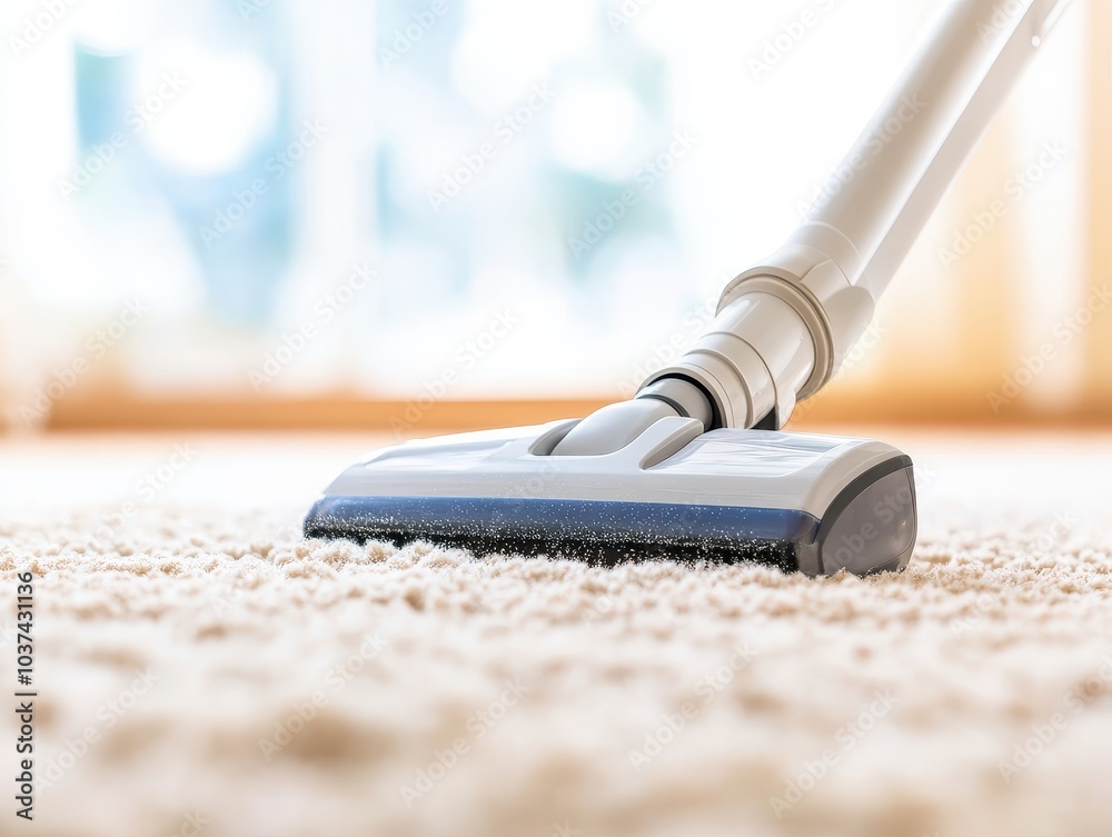 A vacuum cleaner head cleaning a plush carpet in a blurred living room setting, showcasing domestic cleaning and home care. A vacuum cleaner head cleaning a plush carpet in a blurred living room setting, showcasing domestic cleaning and home care.