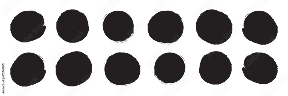 Oval and circle sketch shape, round charcoal marker, ink paint brush, grunge organic blob, irregular stain, black stroke spot isolated on white background. Abstract simple vector illustration