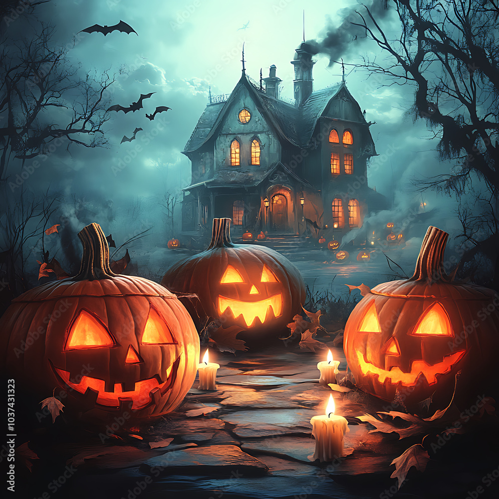 Spooky Halloween night scene with pumpkins and candles in front of a haunted house Spooky Halloween night scene with pumpkins and candles in front of a haunted house
