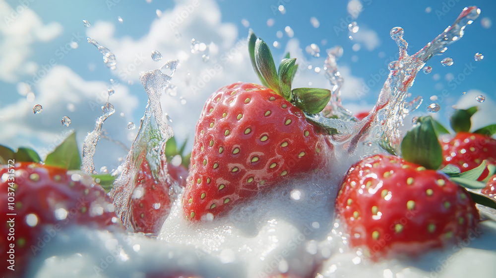 Fresh strawberries splashing in water create vibrant and refreshing scene, evoking feelings of summer and vitality. bright colors and dynamic movement capture essence of juicy fruit Fresh strawberries splashing in water create vibrant and refreshing scene, evoking feelings of summer and vitality. bright colors and dynamic movement capture essence of juicy fruit