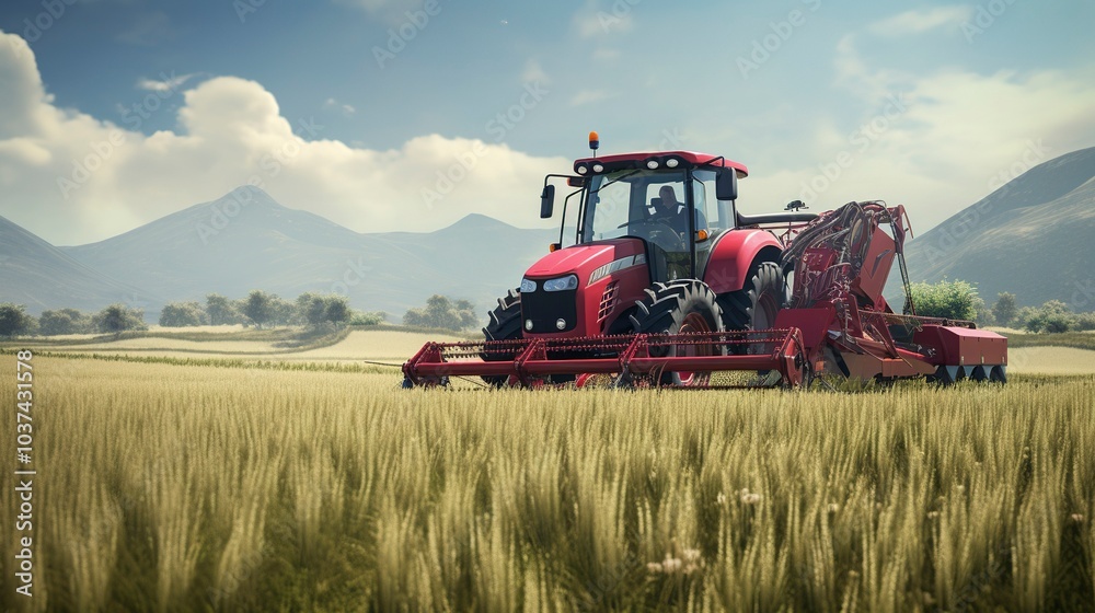 Fototapeta premium A photo of a forage harvester in a grassy field.