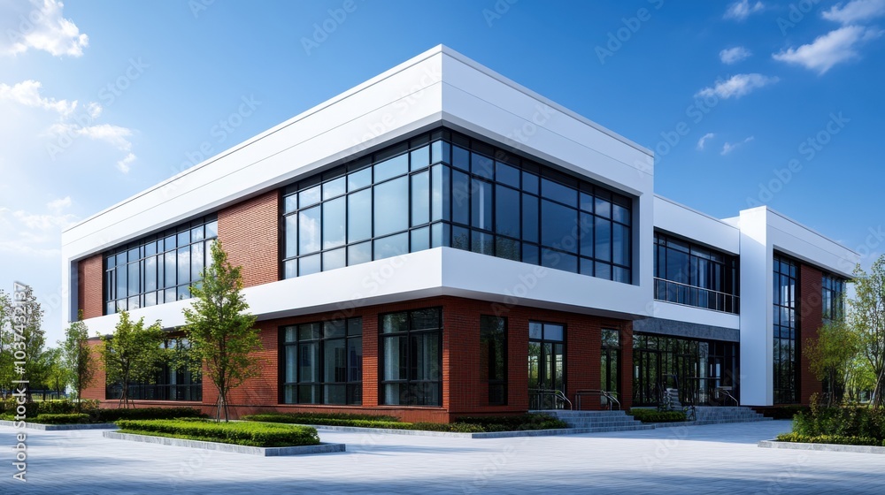 Modern School Building with Large Windows and Green Space Modern School Building with Large Windows and Green Space