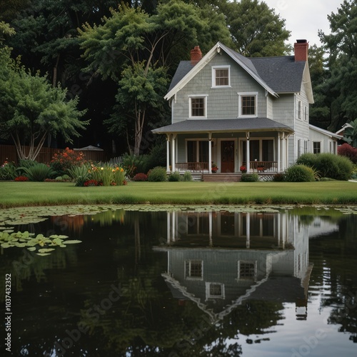 A charming, gray, two-story house with a wraparound porch and a large pond in front, surrounded by lush greenery.