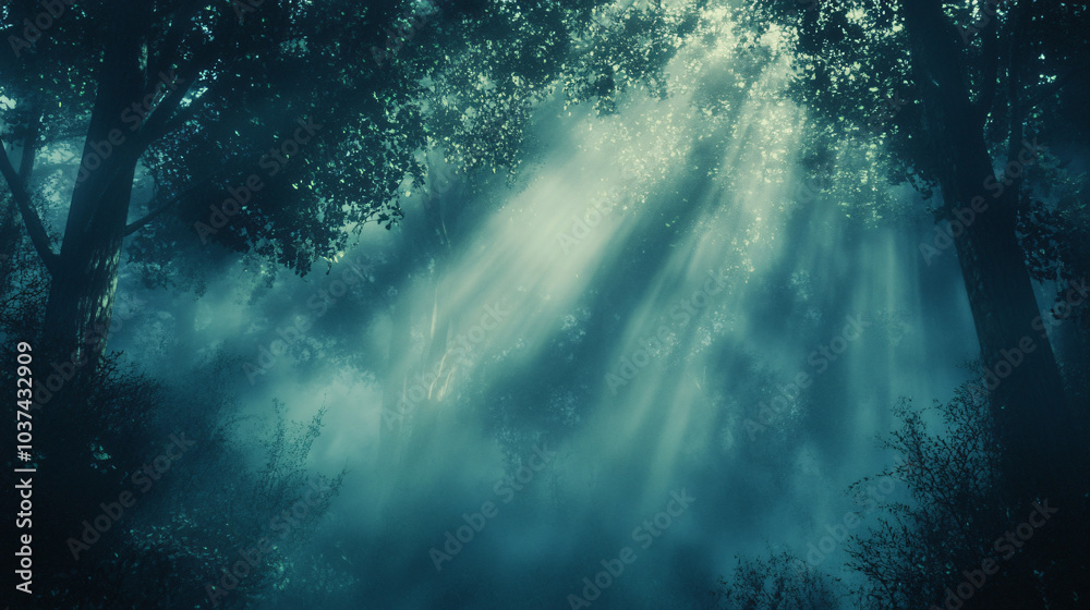 Fototapeta premium A misty forest in the early morning, where the atmosphere feels mystical and serene.