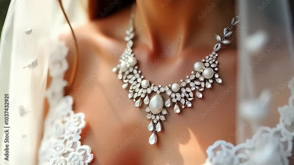 Beautiful bride necklace. The brides necklace and veil on her wedding day Beautiful bride necklace. The brides necklace and veil on her wedding day