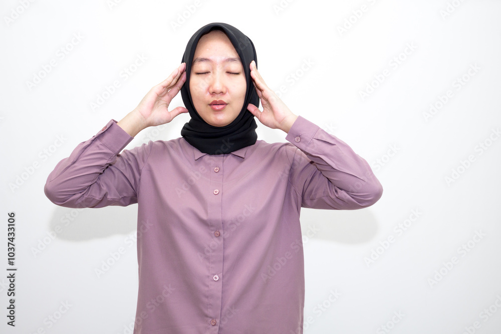 Asian, young Indonesian woman dizzy, girl headache or migraine suffering at home, holding head with hands, brain health problem Isolated on white background Asian, young Indonesian woman dizzy, girl headache or migraine suffering at home, holding head with hands, brain health problem Isolated on white background