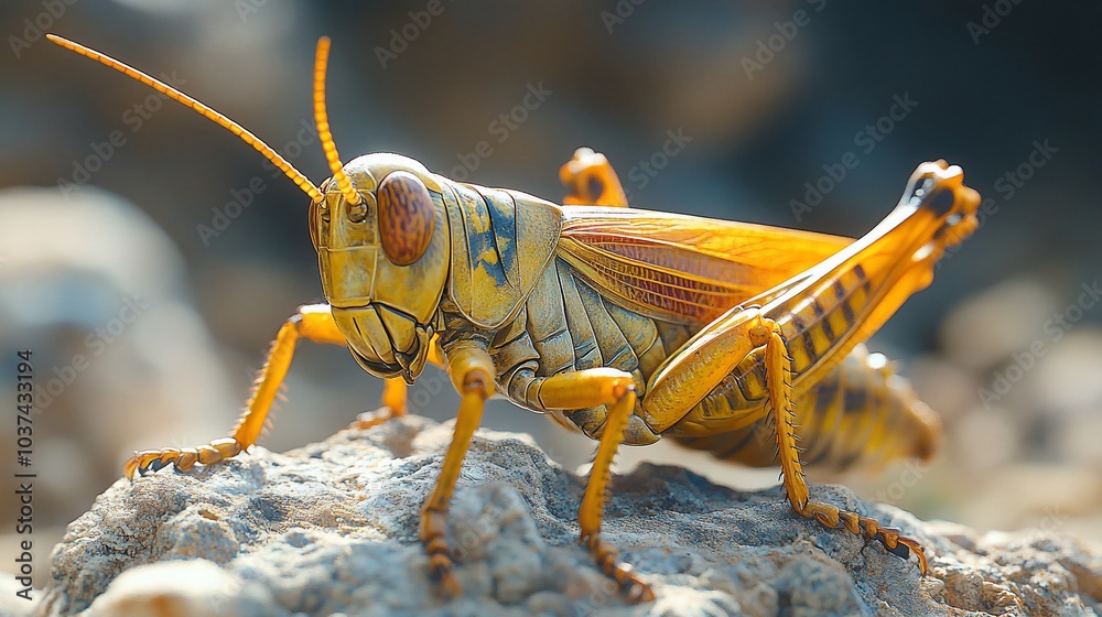 A close-up of a vibrant grasshopper perched on a rock. A close-up of a vibrant grasshopper perched on a rock.