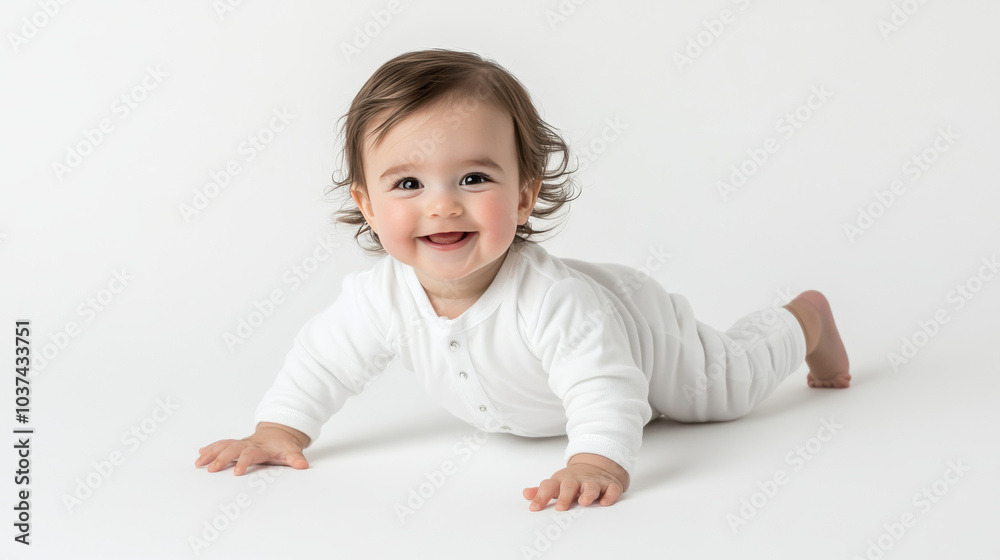 Charming baby with a bright smile crawling on a white background, dressed in white, radiating joy and innocence in a beautiful and heartwarming newborn photography session Charming baby with a bright smile crawling on a white background, dressed in white, radiating joy and innocence in a beautiful and heartwarming newborn photography session