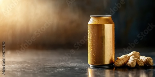 Chilled ginger ale can on marble surface with fresh ginger in warm lighting