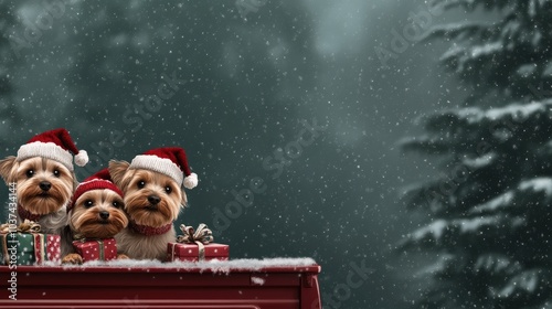 Festive Yorkshire Terriers celebrate Christmas in a red truck with gifts and falling snow photo