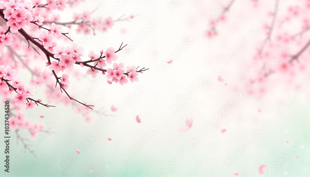 Cherry Blossom Branches with Soft Pink Flowers and Falling Petals with Copy Space Cherry Blossom Branches with Soft Pink Flowers and Falling Petals with Copy Space
